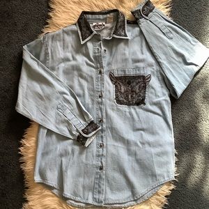 Vintage chambray butterfly button down shirt S